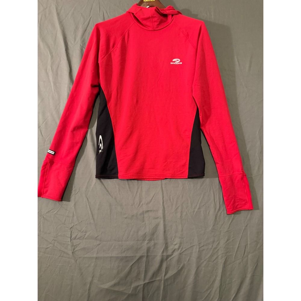 Brooks Womens Red Black Colorblock Running Hoodie Thumbholes WL986 Size M